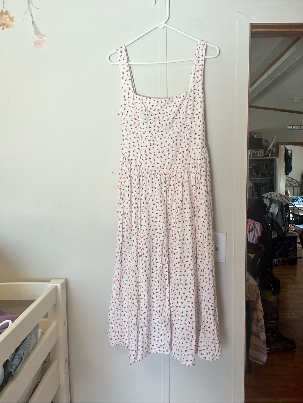 Caroline Constas White Midi Dress with Floral Print Drop Waist Linen Low Back